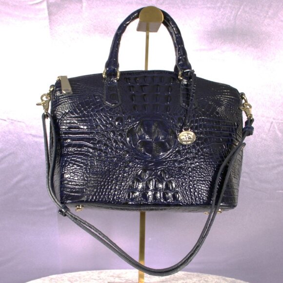 Brahmin Croc Embossed Leather Satchel Navy Melbourne Dome Bag w/ Strap & Dust Ba - Picture 5 of 16